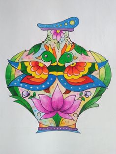 a drawing of a vase with flowers and leaves on the bottom, painted in bright colors