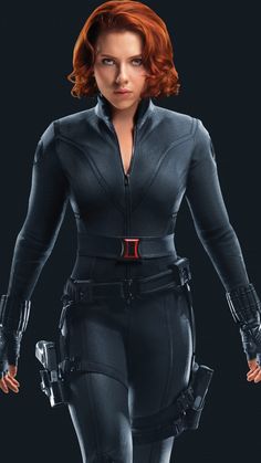 a woman in black widow suit with red hair