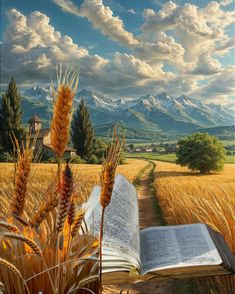 an open book sitting in the middle of a wheat field with mountains in the background