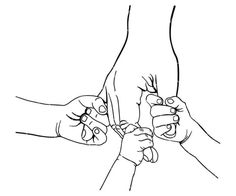 three hands holding each other with their fingers touching the fingernails, vintage line drawing or engraving illustration