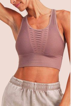 Mono B Seamless Sports Bra Stretch Mesh Crop Top For Yoga, Sports Mesh Crop Top, Fitted Seamless Nylon Sports Bra, Fitted Nylon Sports Bra With Seamless Design, Stretch Mesh Crop Top For Gym, Mesh Athleisure Crop Top For The Gym, Athleisure Mesh Crop Top With Mesh Back, Mesh Back Athleisure Crop Top, Breathable Stretch Bra For Light Sports