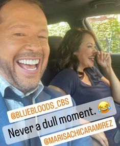 a man and woman sitting in the back seat of a car with text reading blue bloods cbs never a dull moment @ mariascharamirez