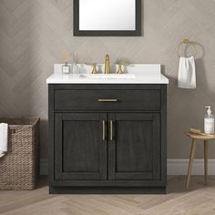 a bathroom vanity with two sinks and a mirror on the wall next to a stool