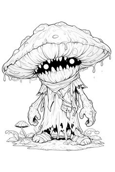 an ink drawing of a mushroom with eyes and mouth