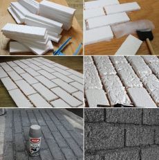 the process of making concrete blocks is shown in four different pictures, including one being white and