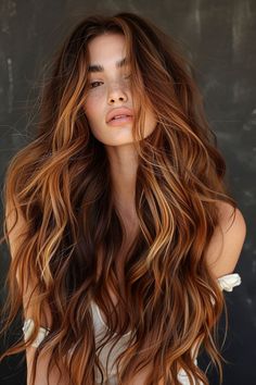 Extra-long California brunette hair featuring sun-kissed copper highlights is styled in natural, flowing waves. The light highlights and gentle waves create a soft and feminine style, perfect for a relaxed and graceful appearance. Ginger Hair To Blonde, Brunette Hair With Ginger Highlights, California Brunette Hair, California Brunette, Rambut Brunette, Balayage Brunette, Spring Hairstyles