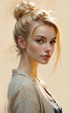 a digital painting of a woman with blonde hair in a top knoted bun, looking to the side