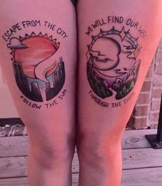 two people with tattoos on their legs