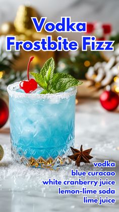 a blue cocktail in a glass with a cherry on the rim