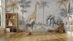 an elephant and giraffe mural in a child's room with wooden floors