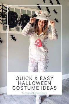 a woman wearing a halloween costume with bats on the wall behind her and text overlay reading quick & easy halloween costumes