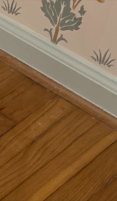 a cat sitting on the floor in front of a wall with flowers painted on it