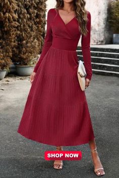 Indulge in timeless elegance with this Women's Fashion Solid Color Autumn Elegant V-neck Long Sleeve Maxi Dress. Crafted for the autumn season, its rich solid color and graceful V-neckline perfectly complement the long sleeves and flowing maxi length. Elevate your style and embrace the season with this exquisite dress. Fitted V-neck Maxi Dress For Fall, Red V-neck Maxi Dress, V-neck Non-stretch Solid Color Dress, Non-stretch Solid Color V-neck Midi Dress, Fitted V-neck Maxi Dress For Winter, Casual V-neck Long Sleeve Dress For Fall, Long Sleeve Solid Color V-neck Dress For Fall, V-neck Midi Dress For Fall, Casual Long Sleeve V-neck Dress For Fall