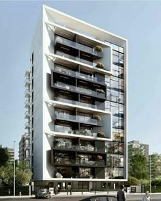 an artist's rendering of a tall building with balconies