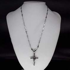 Spiritual Silver Adjustable Chain Necklace, White Gold Crucifix Necklace With Silver Chain, Silver Spiritual Clavicle Chain Necklace, Silver Spiritual Cross Necklace With Clavicle Chain, Silver Stainless Steel Cross Pendant Necklace, Silver Pendant Cross Necklace, Silver Cross Pendant Necklace With Chain, Silver Pendant Cross Necklace With Chain, Silver Metal Cross Chain Necklace