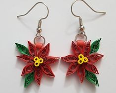 pair of red and green paper poinsettia earrings