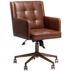 a brown leather office chair with wheels and casteors on an upholstered base