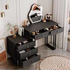 a black desk with drawers and a mirror