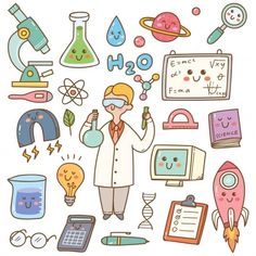 cartoon scientist with various science related items