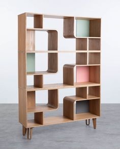 a wooden shelf with different colored shelves on it