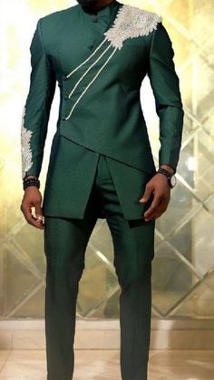 Green Long Sleeve Suit For Groom, Wedding Suit Groom, Kaftan Wedding, African Men Clothing, Suit Prom, Men Kaftan, African Shirt, Moda Afro, Suit Groom