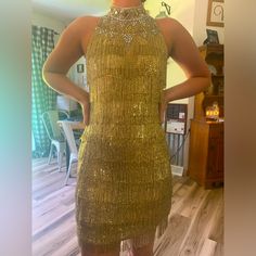 Gold Beaded Dress With Fringe Sheri Hill Worn Once One Broken Clip In Back (Just Needs A Stitch) Bought For $650 Gold Fringe Dress Short, Gold Embellished Fitted Flapper Dress, Gold Fitted Sleeveless Flapper Dress, Sheri Hill, Sherri Hill Gold Dress Short, Gold Beaded Dress, Sherri Hill Butterfly Dress Short, Dress With Fringe, Sherri Hill Dresses