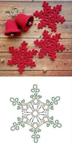 crochet snowflakes and bells are on the table next to each other