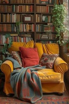 a living room with bookshelves full of books and pillows on the couches