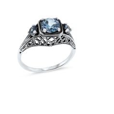 Vintage Antique Design 3 Three-Stone Simulated Aquamarine Filigree Ring. Simulated Aquamarine Accent Stones. 925 Solid Sterling Silver. The Top Of The Ring Measures 1/4 Inch In Length.  Stamped 925. Excellent Condition/Like New. Ring Sizes 5-12 Aquamarine Gem, Filigree Ring, Antique Design, Blue Band, Ring Sizes, Multi Stone Ring, Three Stone, Aquamarine, Beautiful Rings