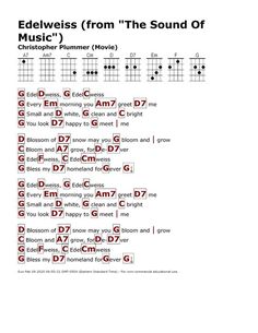 the guitar chords for edelweiss from'the sound of music'are arranged in red and black