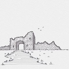 an ink drawing of a castle with stairs leading up to the door and into the distance