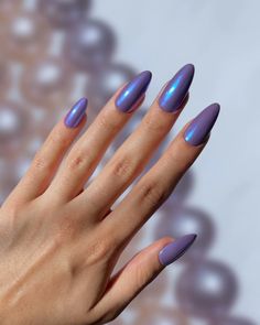 Purple Edison Freshwater Pearl – Deep Purple with Azure Chrome Nail Large freshwater pearls with mother of pearl nuclei. Deeper purple hues are adorned with a flash of azure chrome. These are our take on the trending Hailey Bieber chrome nails.  Designed by Jas (@jasgotbars) Choose your preferred nail shape and length! Hailey Bieber Chrome Nails, Hailey Bieber Chrome, 22 Nails, Purple Chrome Nails, Monster Nails, Deep Red Nails, Chrome Nail, Cleansing Pads, Pearl Nails