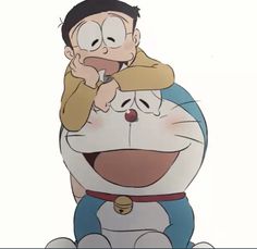 an animated image of a cartoon character holding onto another character's face and looking at the camera