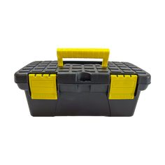 a black and yellow tool box on a white background