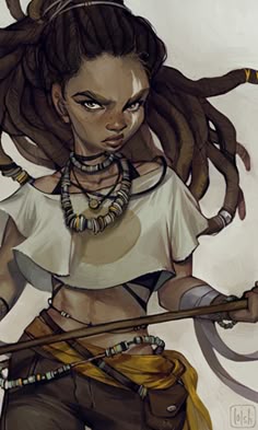 an image of a woman with dreadlocks on her head and holding a stick