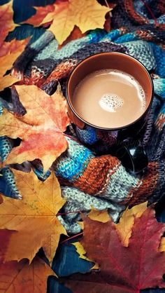 a cup of coffee sitting on top of a pile of autumn leaf covered ground next to leaves