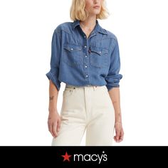 in stock Denim Shirt Over Dress, Shirt Over Dress, Denim Western Shirt, Denim Overshirt, Denim Button Down Shirt, Western Denim Shirt, Fall Capsule Wardrobe, Levis Women, Levis Denim