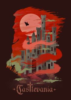 an old castle with the word castlevania on it and a bird flying over it