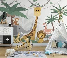 a child's room with jungle animals and giraffes on the wall