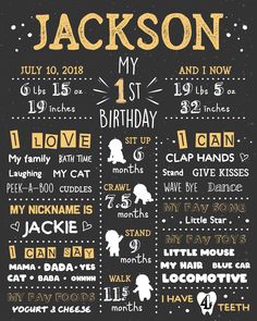 a poster with the names and dates for jackson's first birthday