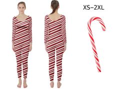 a woman in red and white striped pajamas next to an image of a candy cane