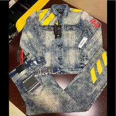 Reason Clothing Caution Jean Set Jacket L Jeans 1- 38 1- 34 Waist Casual Yellow Denim Jacket With Pockets, Yellow Denim Long Sleeve Outerwear, Casual Yellow Denim Jacket, Yellow Long Sleeve Denim Outerwear, Fitted Yellow Denim Jacket For Fall, Jean Jacket Outfit, Jean Set, Gold Jeans, Jean Jacket Outfits