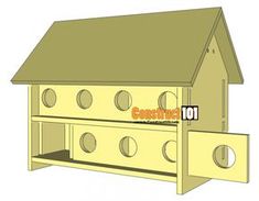 a drawing of a bird house with the door open and two windows on each side