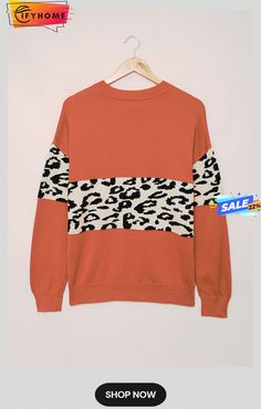 Red Leopard Colorblock V Neck Knit Sweater Orange Color Block Long Sleeve Sweater, Trendy Red Color Block Sweater, Orange Color Block Crew Neck Sweater, Fall Color Block Sweatshirt, Red Patchwork Sweater, Brown Color Block Crew Neck Sweater, Red Knit Color Block Sweater, Red Knit Sweater With Patchwork, Red Patchwork Knit Sweater