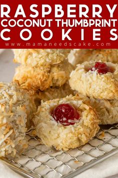 raspberry coconut thumbnut thumbprint cookies on a cooling rack with text overlay