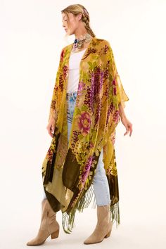 Floral burnout velvet kimono with back hem fringes, side slits Forest burnout Hand wash warm with like colors Line dry 70% viscose & 30% nylon Forest Goddess, Pride Shoes, Vintage Ootd, Flora Dress, Retro Pants, Velvet Kimono, Summer Plaid, Retro Skirt, Velvet Burnout