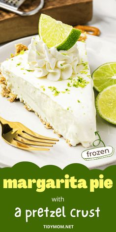 a slice of margarita pie with a pretzel crust and lime wedge on top