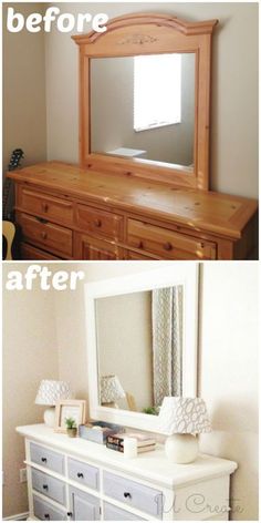 before and after photos of an old dresser turned into a dressing table with mirror on top