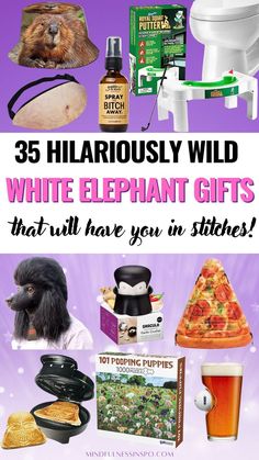 35 hilariously wild white elephant gifts that will have you in stitches featuring beaver bucket hat, beer belly fanny pack, spray the bitch away aromatherapy mist, Foldable Potty Stool Mini Golf, poodle dog mask, Gracula Garlic Crusher, Pizza Slice Inflatable Mat, Darth Vader Waffle Maker, 101 Pooping Puppies Puzzle, Pint Glass with Real Golf Ball and more on mindfulnessinspo.com Creative White Elephant Ideas, Office Gifts For Christmas, Fun White Elephant Gift Ideas, White Elephant Gift Exchange Ideas Funny, Funny Cheap Gifts, Christmas White Elephant Gifts, Funny White Elephant Gifts, Office White Elephant, Unique White Elephant Gifts