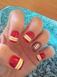 Kansas City Chiefs inspired nails Football Nail Designs, Football Nail Art, Sports Nails, Football Nails, Inspired Nails, Kwanzaa, Manicure Y Pedicure, Kansas City Chiefs, Blue Nails